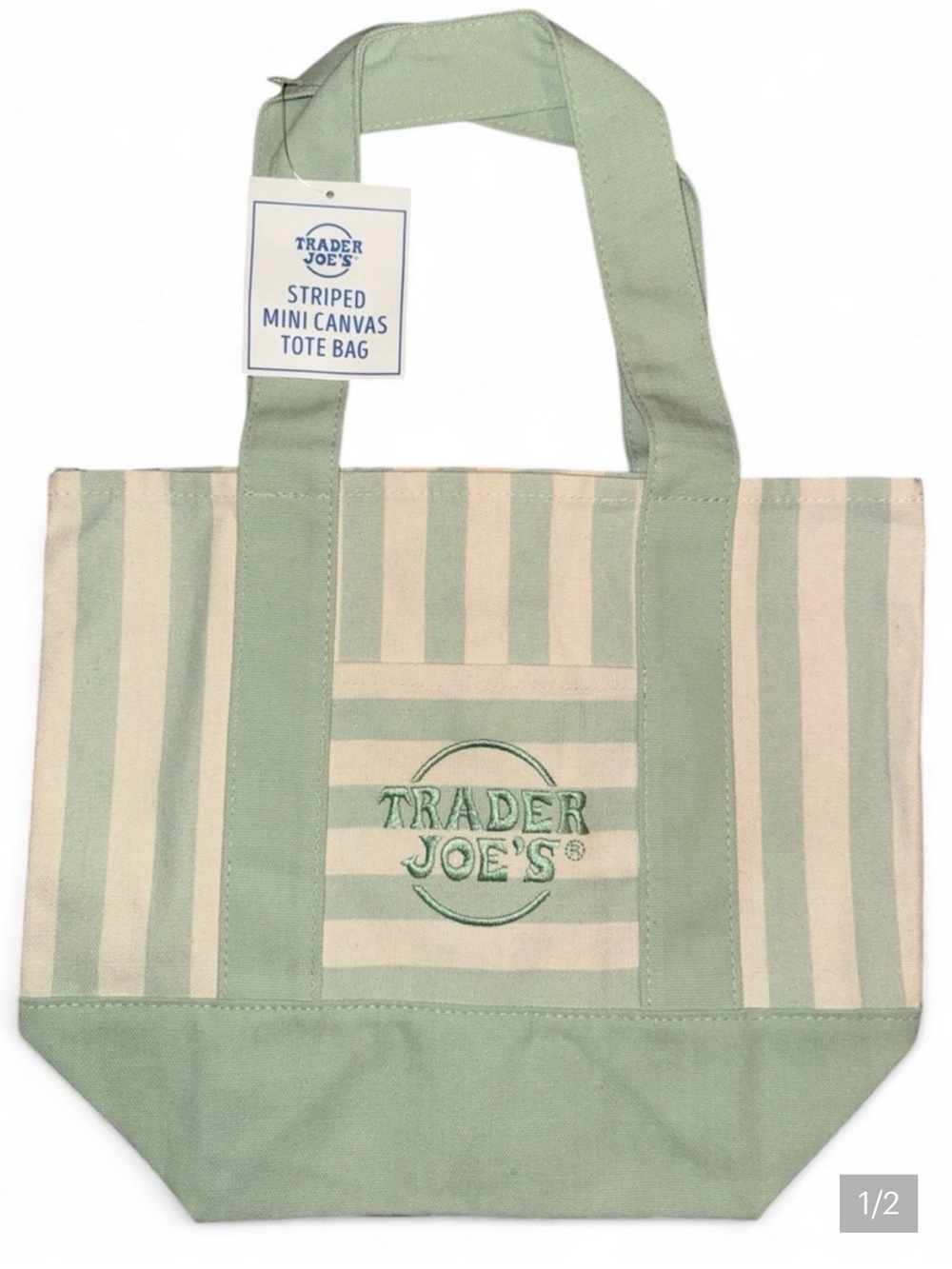 Trader Joe's Green & Cream Striped Canvas Tote Bag